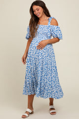 Blue Floral Off Shoulder Smocked Maternity Dress