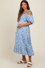 Blue Floral Off Shoulder Smocked Maternity Dress