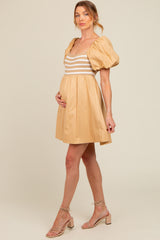 Beige Knit Contrast Poplin Maternity Dress