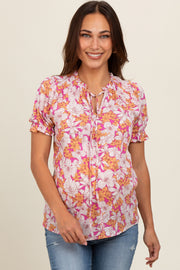 Magenta Floral Ruffle Tie Maternity Blouse