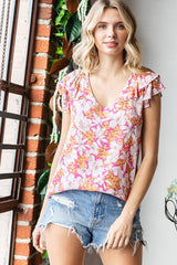 Magenta Floral Ruffle Sleeve Maternity Top