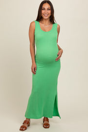 Green Ribbed Side Slit Maternity Maxi Dress