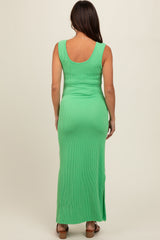 Green Ribbed Side Slit Maternity Maxi Dress