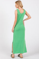 Green Ribbed Side Slit Maxi Dress