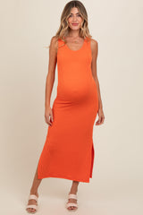 Orange Ribbed Side Slit Maternity Maxi Dress