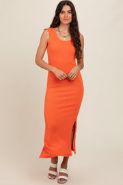 Orange Ribbed Side Slit Maxi Dress