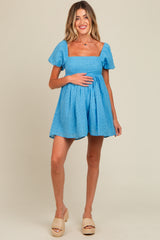 Blue Eyelet Lace Puff Sleeve Maternity Romper