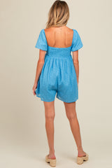 Blue Eyelet Lace Puff Sleeve Maternity Romper