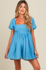 Blue Eyelet Lace Puff Sleeve Maternity Romper