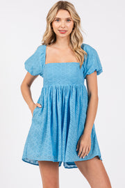 Blue Eyelet Lace Puff Sleeve Romper