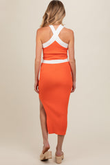 Orange Colorblock Knit Crop Top Skirt Maternity Set