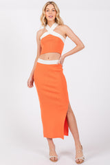 Orange Colorblock Knit Crop Top Skirt Maternity Set