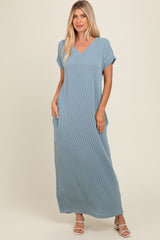 Light Blue Ribbed V-Neck Maternity Midi Dress