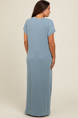 Light Blue Ribbed V-Neck Maternity Midi Dress