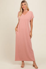 Salmon Ribbed V-Neck Midi Dress