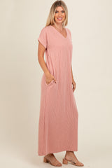 Salmon Ribbed V-Neck Midi Dress