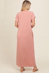 Salmon Ribbed V-Neck Midi Dress