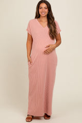 Salmon Ribbed V-Neck Maternity Midi Dress