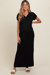 Black Ribbed V-Neck Maternity Midi Dress