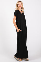 Black Ribbed V-Neck Midi Dress