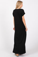 Black Ribbed V-Neck Midi Dress