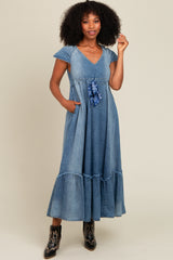 Blue Denim Sash Waist Maternity Maxi Dress