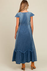 Blue Denim Sash Waist Maternity Maxi Dress