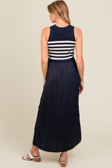 Navy Striped Contrast Knit Maternity Pleated Maxi Dress