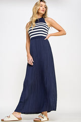 Navy Striped Contrast Knit Pleated Maxi Dress