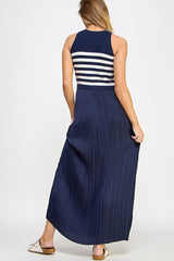 Navy Striped Contrast Knit Pleated Maxi Dress