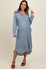 Blue Button Down Maternity Midi Dress