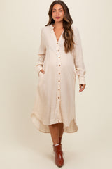 Beige Button Down Maternity Midi Dress