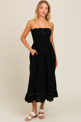 Black Smocked Strapless Maternity Midi Dress