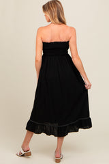 Black Smocked Strapless Maternity Midi Dress