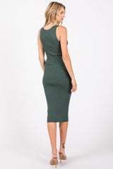 Forest Green Ribbed Fitted Sleeveless Snap Button Dress