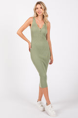 Light Olive Ribbed Fitted Sleeveless Snap Button Maternity Dress