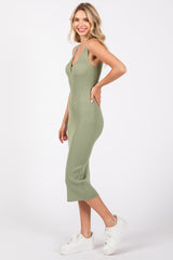 Light Olive Ribbed Fitted Sleeveless Snap Button Dress