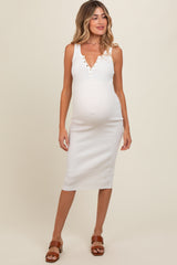 White Ribbed Fitted Sleeveless Snap Button Maternity Dress