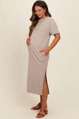 Beige Basic Side Slit Maternity Midi Dress