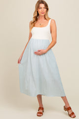 Light Blue Striped Knit Contrast Maternity Midi Dress