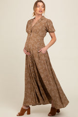 Brown Floral Button Down Maternity Maxi Dress