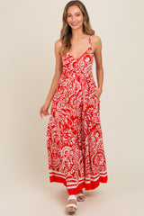 Red Paisley Cutout Back Maxi Dress