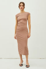 Mocha Side Ruched Maternity Midi Dress