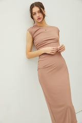 Mocha Side Ruched Midi Dress