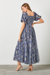 Navy Floral Mesh Overlay Maxi Dress