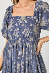 Navy Floral Mesh Overlay Maxi Dress