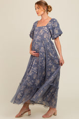 Navy Floral Mesh Overlay Maternity Maxi Dress