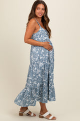 Blue Floral Tiered Maternity Midi Dress