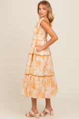 Peach Floral Sleeveless Ruffle Tiered Midi Dress