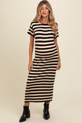 Beige Striped Knit Maternity Midi Dress